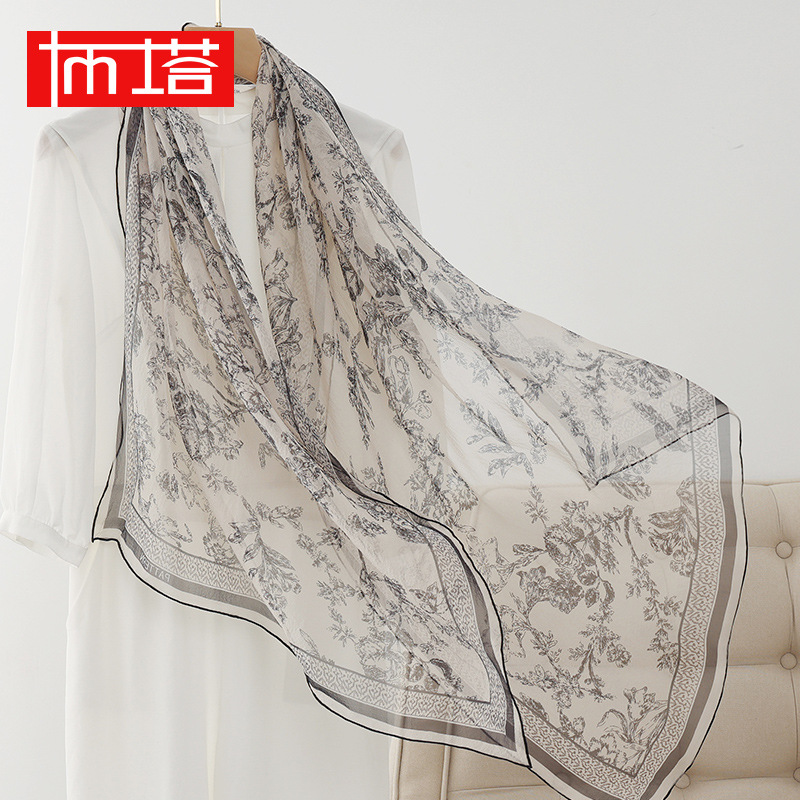 Sciarpa di seta della signora Buta, lunga per la primavera e l'autunno, sciarpa versatile in chiffon di perle 24K568_voghion.com