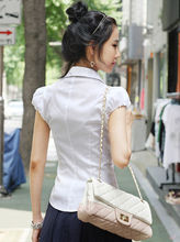 金韩2024大领纯色白色短袖开衫单排扣气质通勤圆领方领衫女式包邮