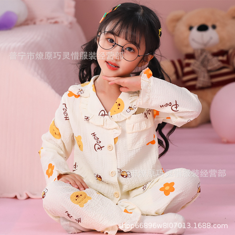 Pijama de niñas primavera y otoño dibujos animados tela espuma de tela delgada manga larga lindo ropa para niños de tamaño medio y grande ropa para el hogar