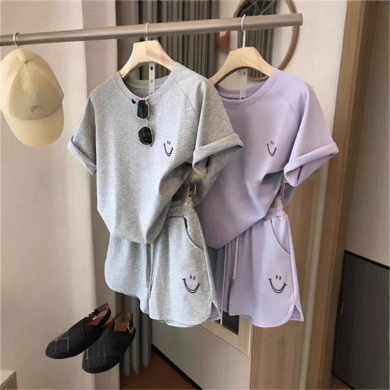 Cross-border Smiley Printed Short-sleeved Shorts Casual Sports suit Women's Slimming Loose Korean-style Two-piece Fashionable Set for Students Cross-border Smiley Printed Short-sleeved Shorts Casual Sports suit Women's Slimming Loose Korean-style Two-piece Fashionable Set for Students