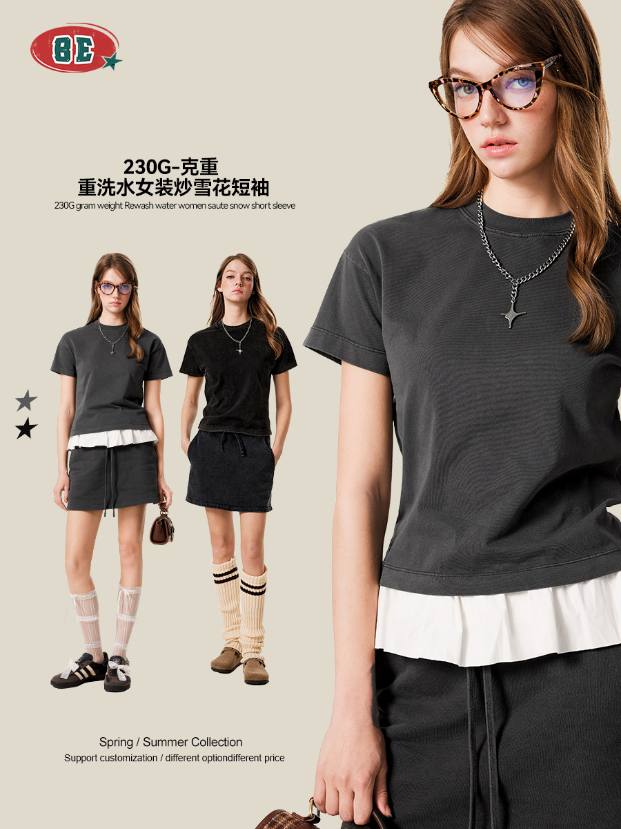 BE ropa de mujer | 2025 verano comercio exterior europeo y americano Milán doble hilo básico industria pesada copo de nieve frito camiseta de color sólido de manga corta mujer image 1