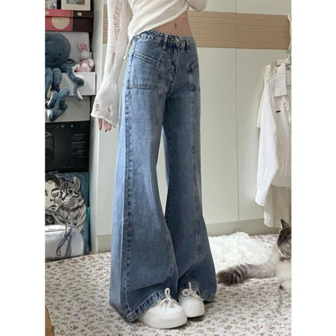 American Retro Short Wide Leg Jeans Women's Autumn High Waist Loose Slimming Straight Design Trailing Flared Pants