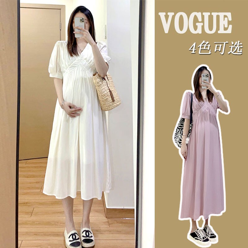 Maternity Dress Summer 2024 Tea Break Plumeria Dress with a High-End Feel, Slimming and Elegant V-Neck Trendy Mom Dress with a High Aesthetic Value