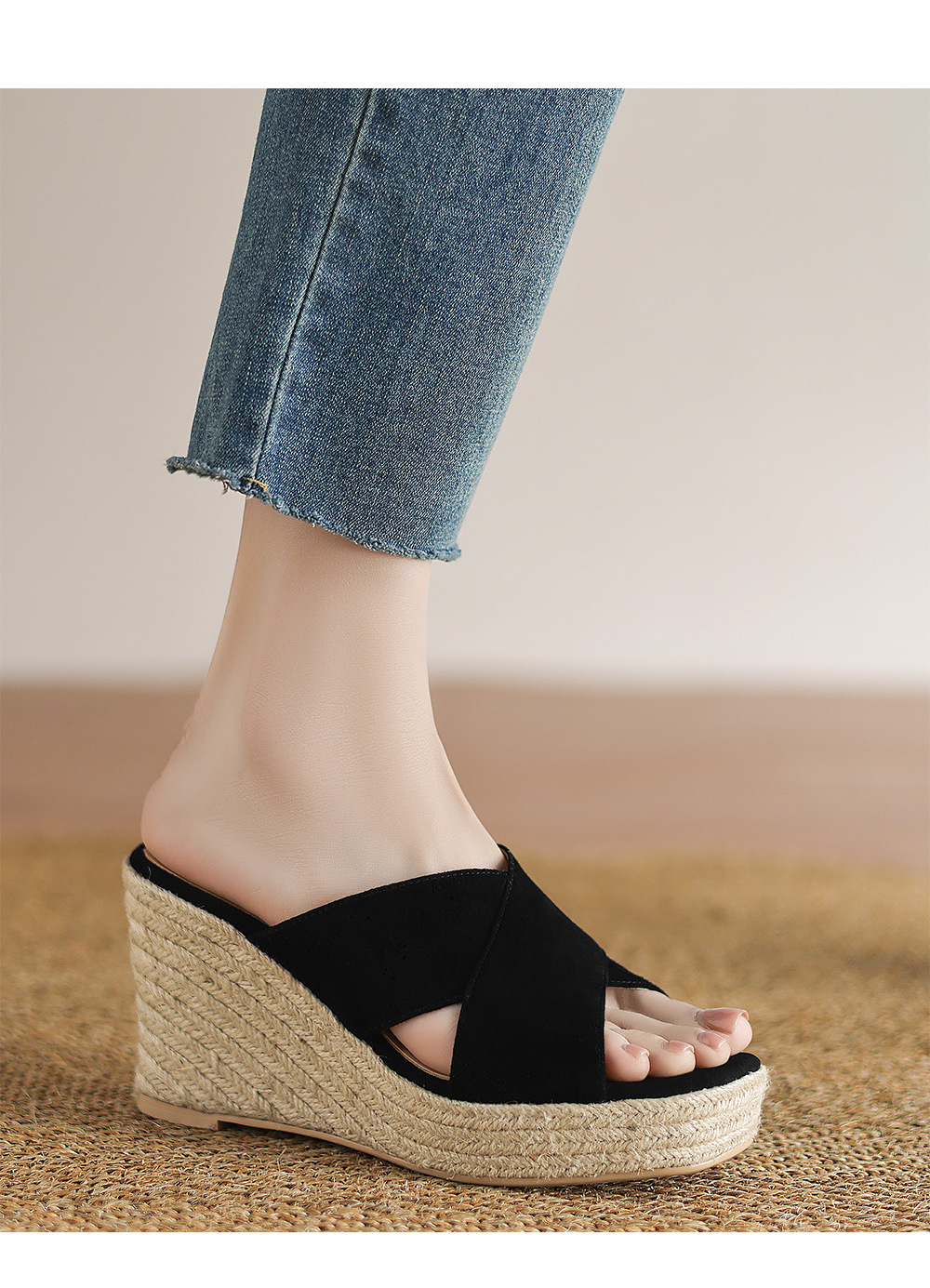 Sandal cao gót nữ quai ngang đế xuồng đan dày — Màu đen chi tiết 14