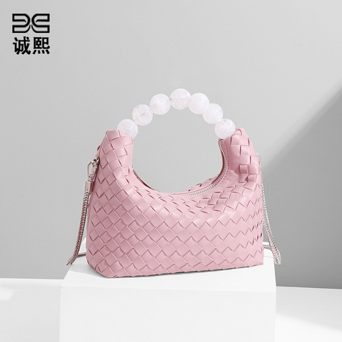 Women's niche, high-end, stylish, minimalist, and adorable handcrafted woven shoulder/crossbody bag—featuring a pearl-inspired cream puffs design.