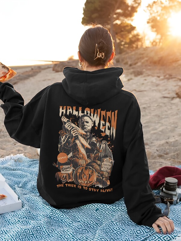Women's Polyester Knitted Hooded Sweater-Casual Hooded Sweater with Michael Myers Pattern Print Women's Polyester Knitted Hooded Sweater-Casual Hooded Sweater with Michael Myers Pattern Print