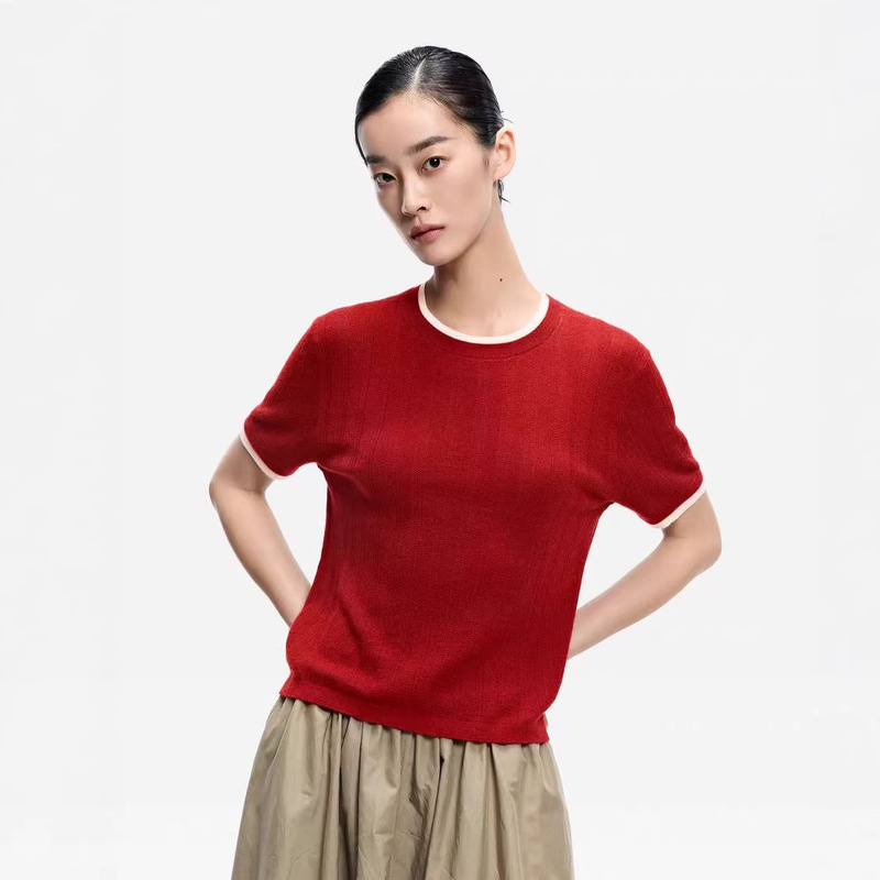 E* Women's Fine Knit Velvet Faux Two-Piece T-Shirt, Early Spring 2026 New Round Neck Knit Short Sleeve Pullover