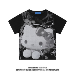 Cuwu アメリカンレトロ黒半袖女性の夏の漫画プリントラウンドネック tシャツルーズ y2k サブカルチャートップトレンディ