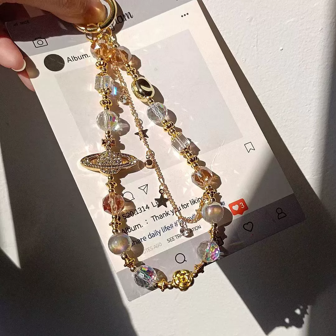 Элитный брелок для телефона с кристаллами Сатурна, ручной работы, с бусинами, подвеска для сумки, антипотерянный ремешок на запястье, короткий стиль, оптом.