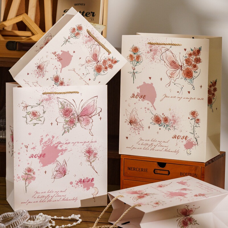 Gift Bag Retro Rose Butterfly Gift Packaging Bag Daily Gift-Giving Gift Tote Bag Thickened White Cardboard Bag