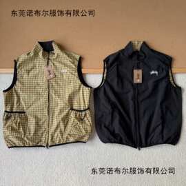 跨境专供 stu斯图希双面穿纯色格纹刺绣百搭立领短款马甲休闲外套