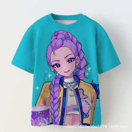 跨境新款女童休闲短袖t恤 k-pop猎魔女团图案3D印花童装短袖t恤