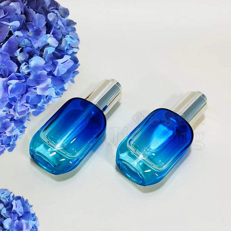 新款30ml滴管瓶扁形精油瓶按压泵原液瓶 精华厚底瓶化妆品分装瓶