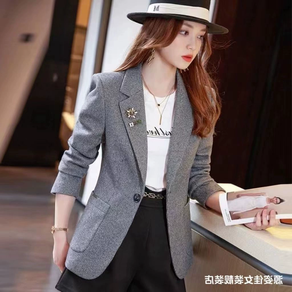 2025 весенне-осенний новый облегающий клетчатый маленький костюм, топ, шерстяной пиджак с узором «гусиные лапки», женский короткий стиль, маленький