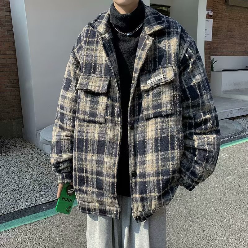 Karierte Arbeitsjacke, lockerer 2023er Frühlingstrend, High-End-Herren-Kleinwollmantel_voghion.com
