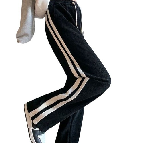 Flared Wide-Leg Trendy Long Pants with Plaid Pattern, Corduroy Fabric, Inner Thickenings, High-Waist, Straight Tube, and Slimming Effect for Girls