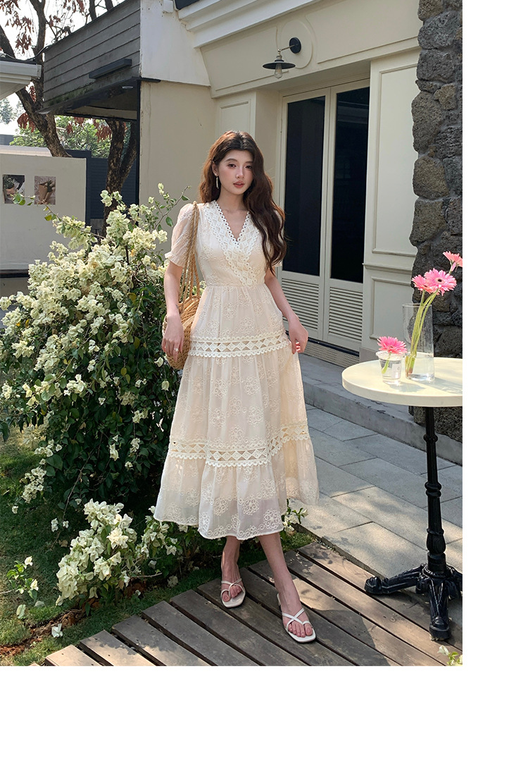 Đầm maxi nữ tay bồng ren hoa V cut-out phong cách Pháp cung đình — xanh lam, màu hồng, màu mơ chi tiết 19