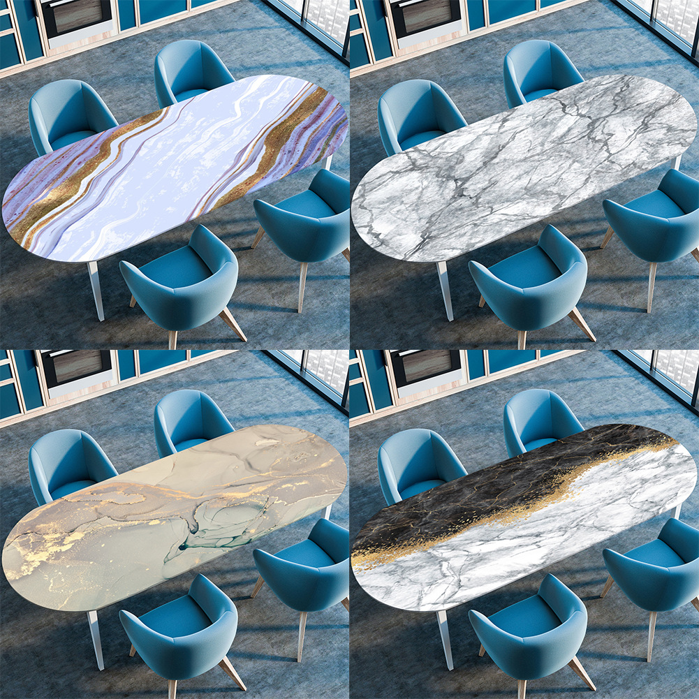 Cross-border Marble Texture Printed Oval Tablecloth Marble Style Tablecloth Elliptical Tablecloth with Edge