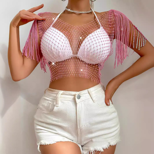 Sexy rhinestone fishnet top—European and American style, new summer design—women's mesh top with sparkling rhinestones, tassel shawl, and small vest.