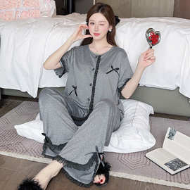 睡衣女 时尚家居服套装 - 拉架仿棉图片色梭织纯棉翻领短袖