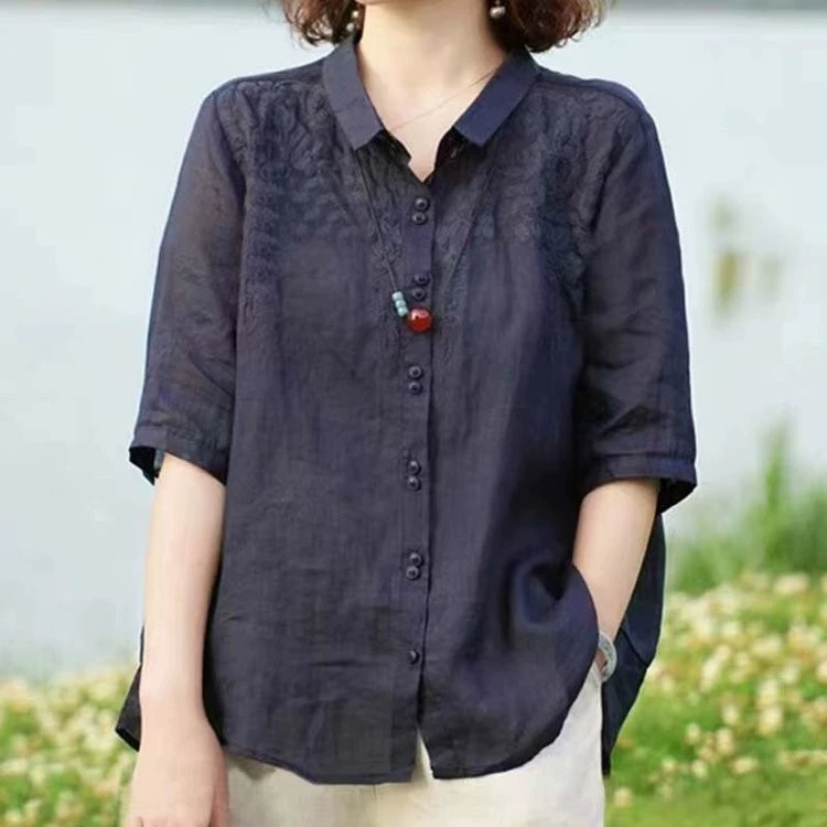 Высококачественная модная рубашка-поло из рами для женщин, лето 2024, тонкий льняной топ в стиле мамы, хлопковая и льняная рубашка