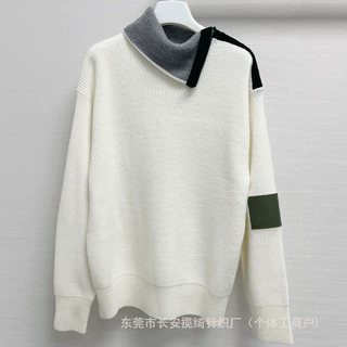 L家早秋新款立领撞色半拉链针织开衫纯色宽松毛衣外套上衣女