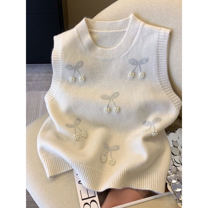 2025 Women's Slimming Vest Top with Beaded Details, Heavy Craftsmanship, Large Size, New Trendy Knit Sweater for Spring and Autumn