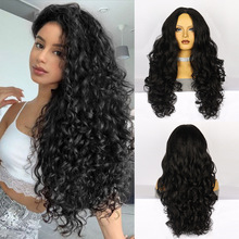 假发 欧美假发女士时尚化纤半头套黑色蓬松长卷发yaki V-PART wig