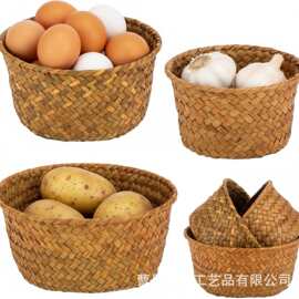 手工草编收纳篮果蔬置物篮圆形收纳筐针线盒藤编收纳筐竹编果篮