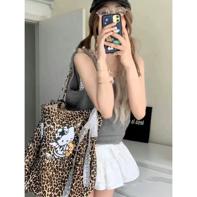 Сумка через плечо HelloKitty, популярная сумка с леопардовым принтом 2024, большая вместительная сумка, тканевая сумка для ленивых, женская сумка через плечо