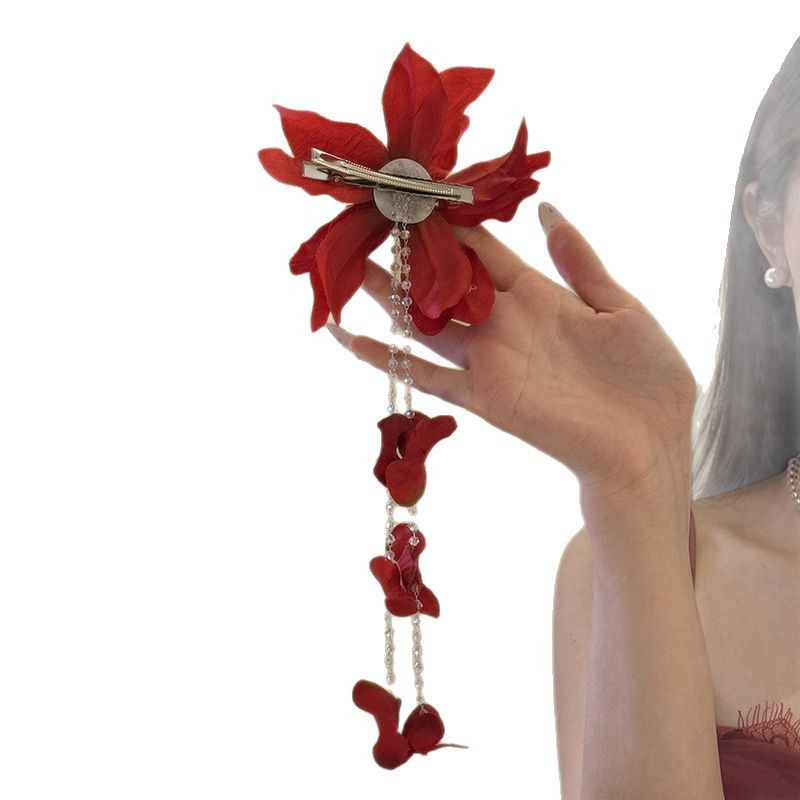 Simulación de tela Bianhua borla horquilla primavera y verano nuevo estilo de vacaciones junto al mar pinza de pico de pato sentido de alta calidad accesorios para el cabello todo-fósforo