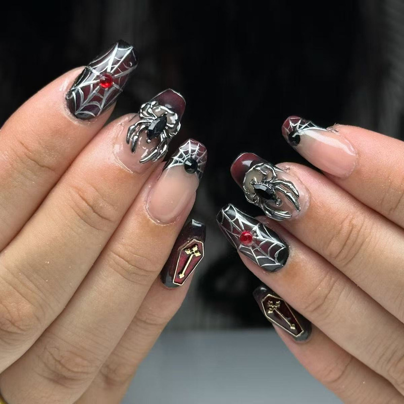 Halloween Black and Red Color-Changing Blush French Rhinestone Spider Coffin Rose Decoration Wearable Nail Art Nail Tips Halloween Black and Red Color-Changing Blush French Rhinestone Spider Coffin Rose Decoration Wearable Nail Art Nail Tips