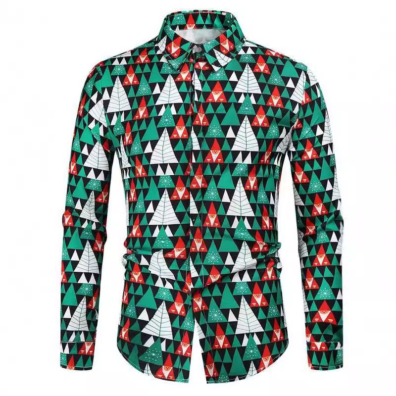 Chemise imprimée Père Noël à manches longues pour homme, style décontracté et polyvalent, 2024_voghion.com
