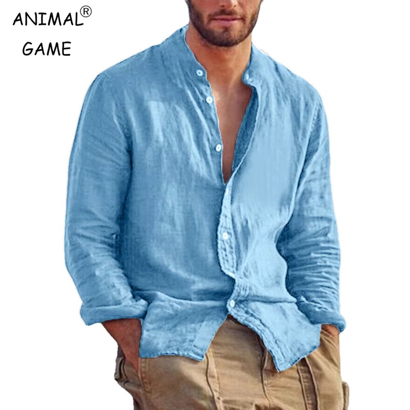 Cross-Border Independent Site Amazon Men's Solid Color Long-Sleeved Shirt Men's Stand-Up Collar Casual Beach Top Long-Sleeved Shirt