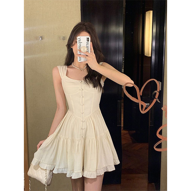 Sweet Tea-Style Sleeveless Suspender Apricot Dress Summer French Gentle Style Waist Slimming Short Skirt for Small People