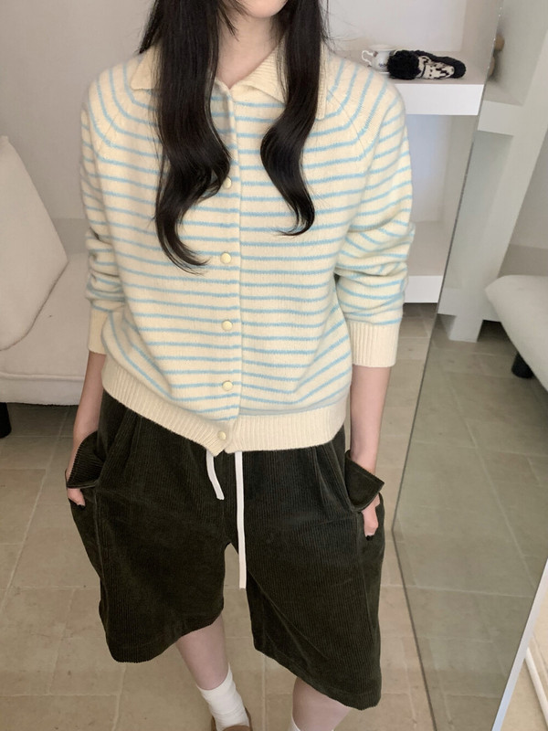秋季上新！韩系高品质全羊毛翻领条纹宽松软糯舒适羊毛衫毛衣|undefined