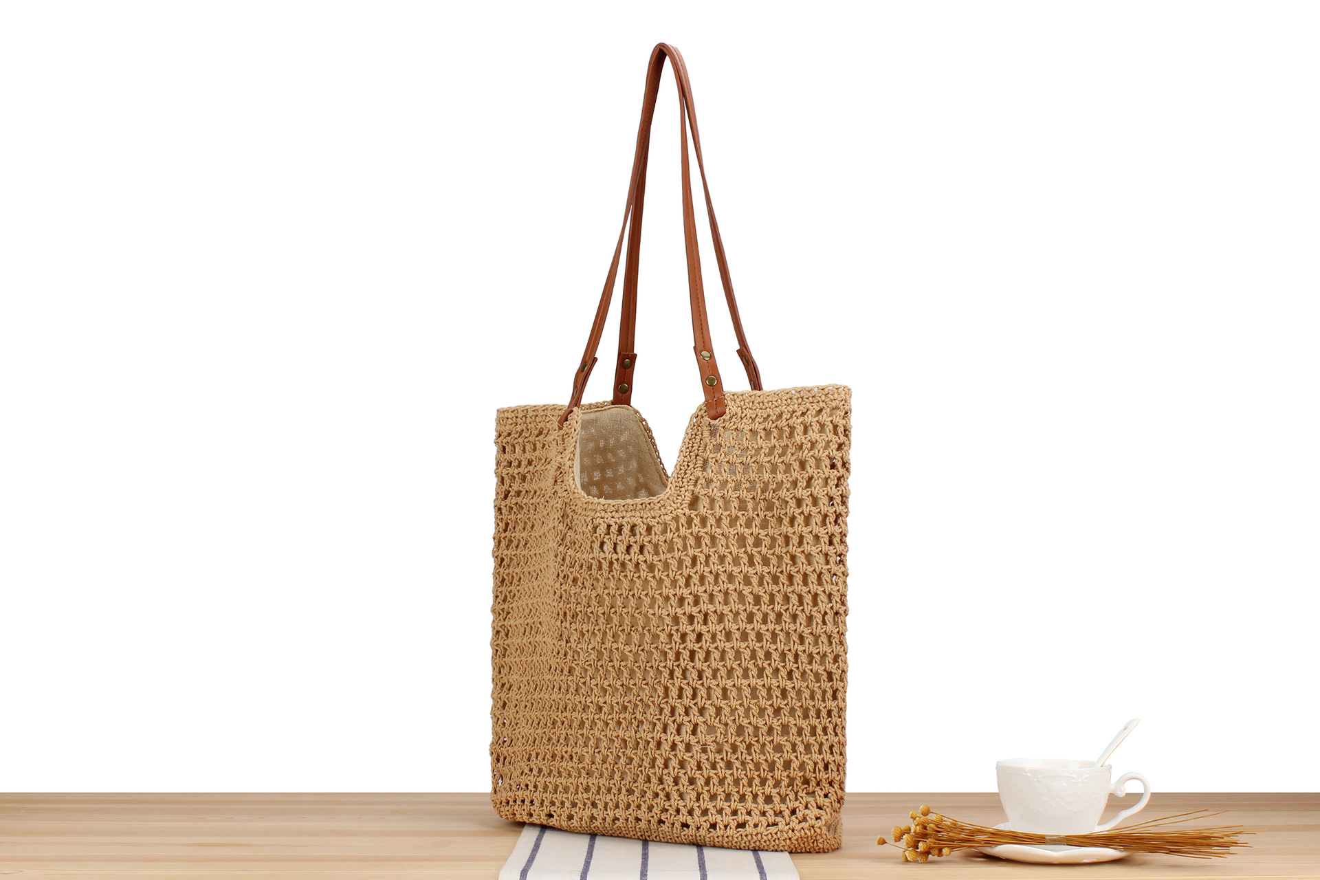 Magnetic Buckle Closure Type Women's Vacation Beach Solid Color Cotton Shopping Bags