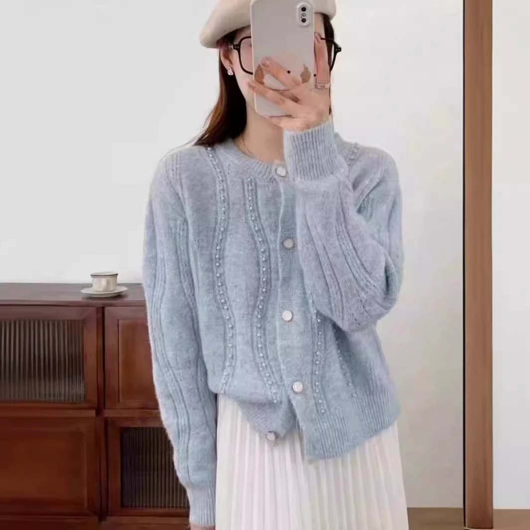 Demi-season knitted soft cardigan, sweater, Chanel style, loose fit