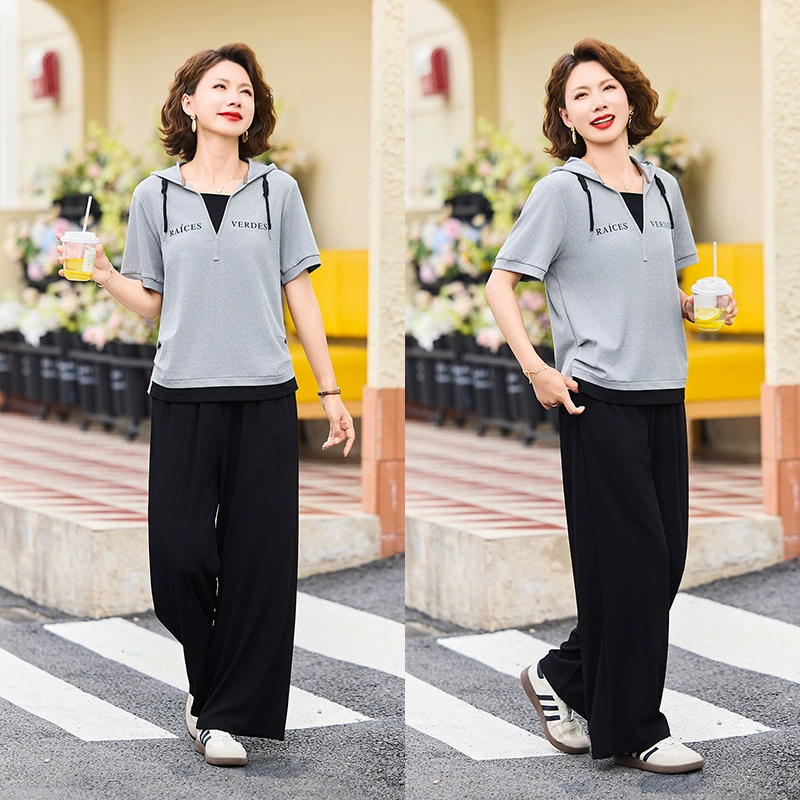 Летняя мода мама с короткими рукавами костюм среднего и пожилого нового топ с капюшоном прямые брюки минус возраст повседневный набор из двух частей