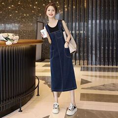 フランスの高級スタイルのデニムサスペンダースカート女性のミドル丈2025夏の新しい韓国スタイルの肉をカバーして痩身するドレス