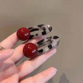 法式安可拉红色珠珠波点发夹女前额豹纹刘海夹百搭侧边碎发鸭嘴夹