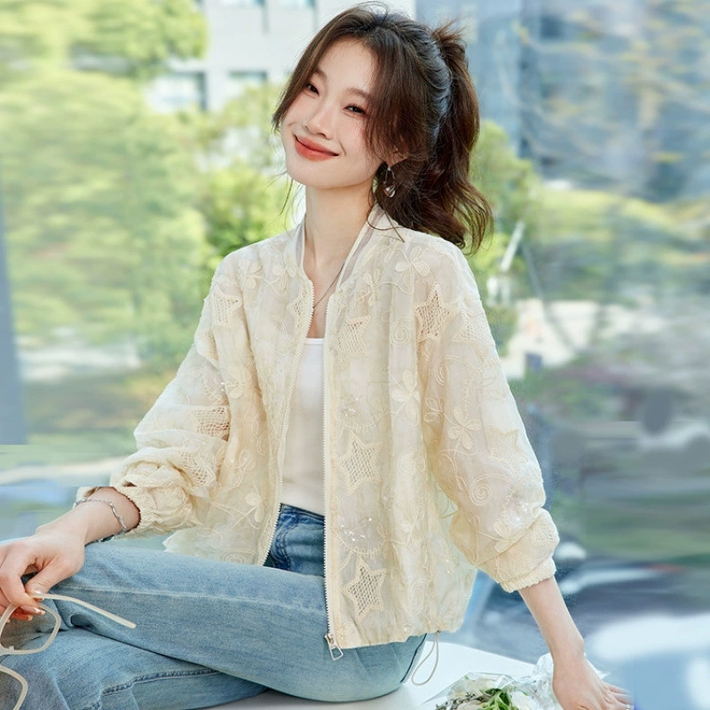 2025 новая летняя модная повседневная кружевная куртка для защиты от солнца для женщин, корейский стиль, элегантный дизайн, западный стиль, топ тренд