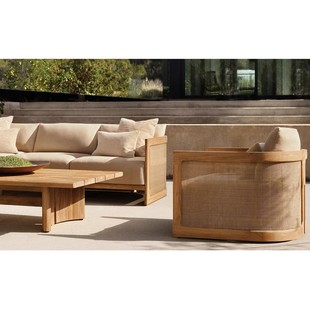 Outdoor Leisure Villa Teak Sofa Coffee Table Combination Rattan Sofa Courtyard Garden Anti-Corrosion Solid Wood Outdoor Sofa