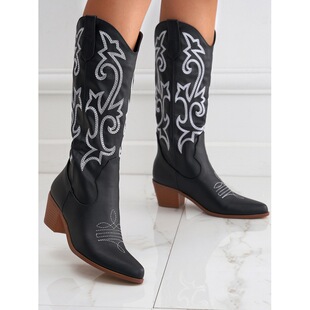 New Foreign Trade Thick Heel All-match Western Cowboy Boots Embroidered Sleeve Knight Boots Retro Medium Large Size Riding Boots