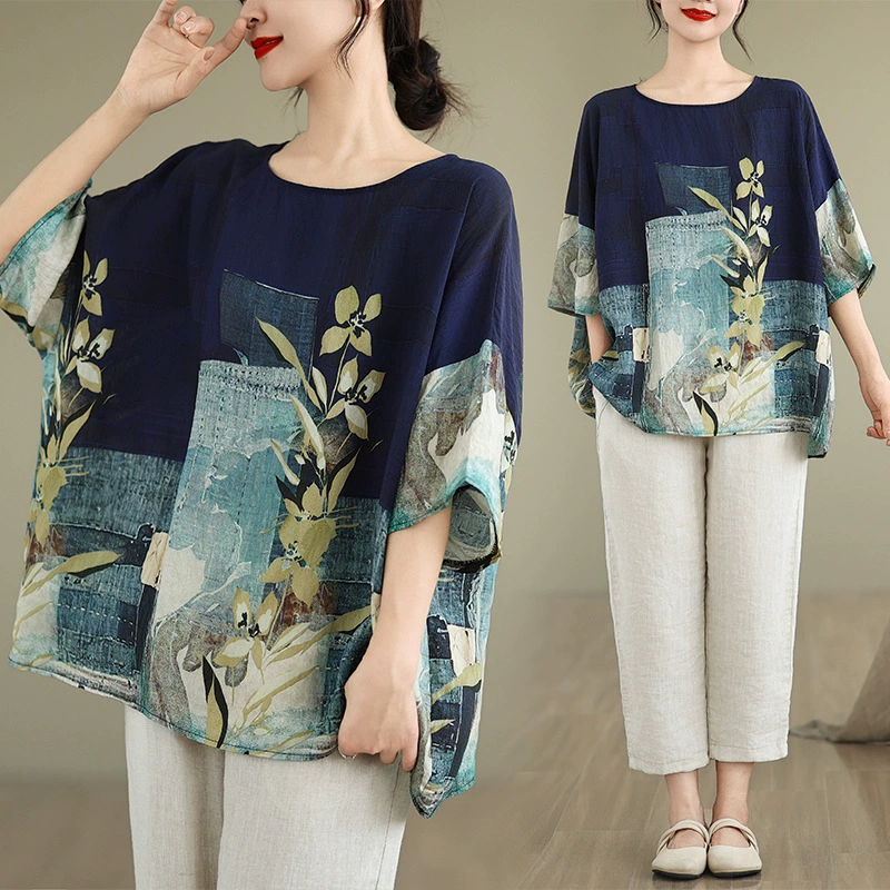 Подлинный 2024 Новый летний хлопок конопли национальный ветер летучая мышь рукава 91792 # свободная большая женская футболка с круглым вырезом