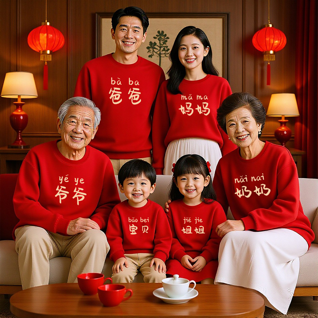 红色全家福拍照服大家庭 亲子装卫衣大码宽松爷爷奶奶全家装上衣