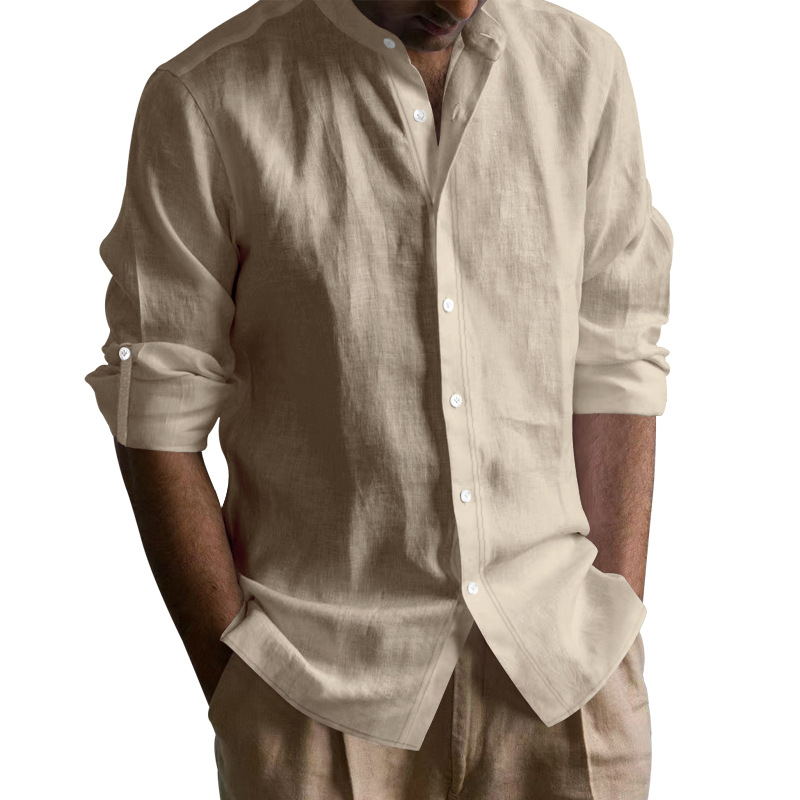 Nuevo Amazon algodón transfronterizo camisa de cuello largo hombre comercio exterior transpirable cuello Henry Casual American Top