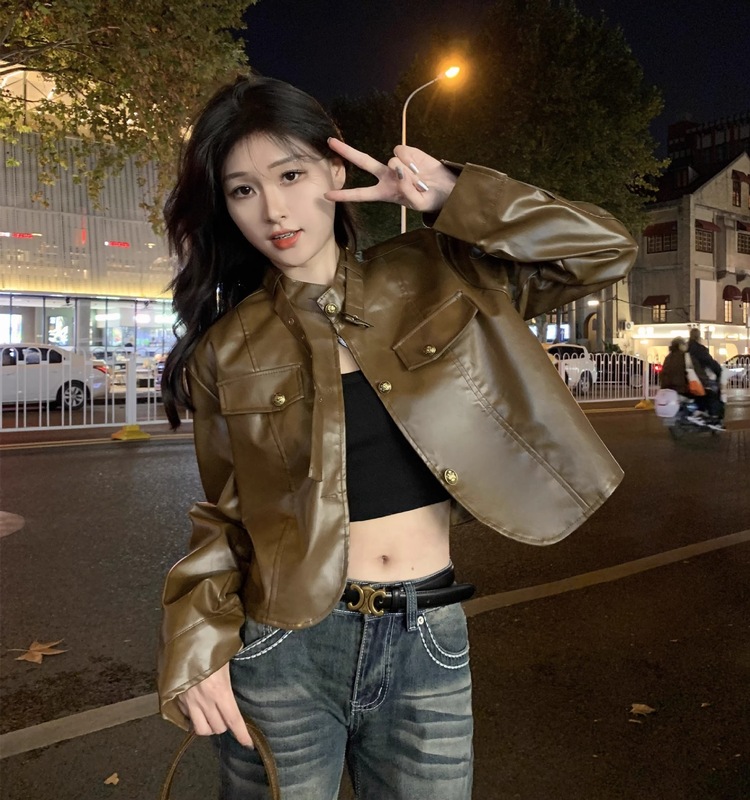 复古港风PU皮衣外套女秋季高街辣妹百搭休闲短款机车服夹克上衣潮|undefined