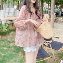 2025秋季韩版宽松v领灯笼袖高端碎花棉麻衬衫减龄娃娃衫女式上衣