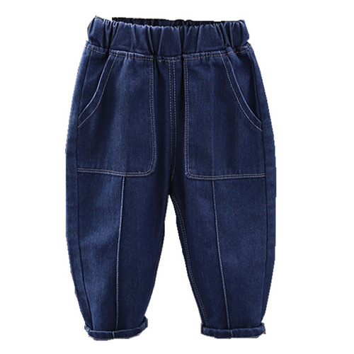 Children's winter crew length loose pants with thermal lining, deep blue turnip pants for boys and girls in autumn and winter